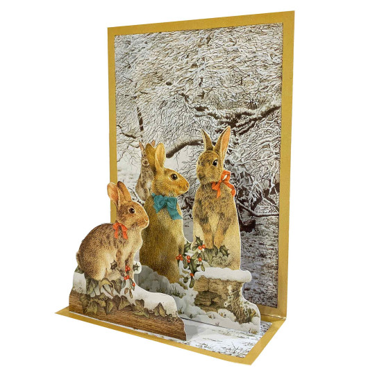 Pop-up Snowy Bunnies with Bows Christmas Card ~ England